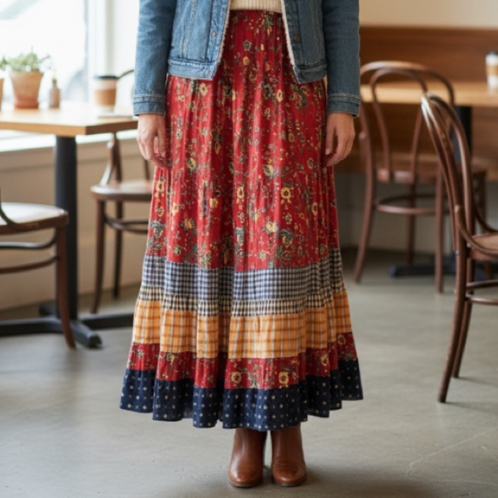 Lucia Lukken Vintage Floral Patchwork Broomstick  Cottagecore Maxi Skirt Medium - Picture 2 of 15